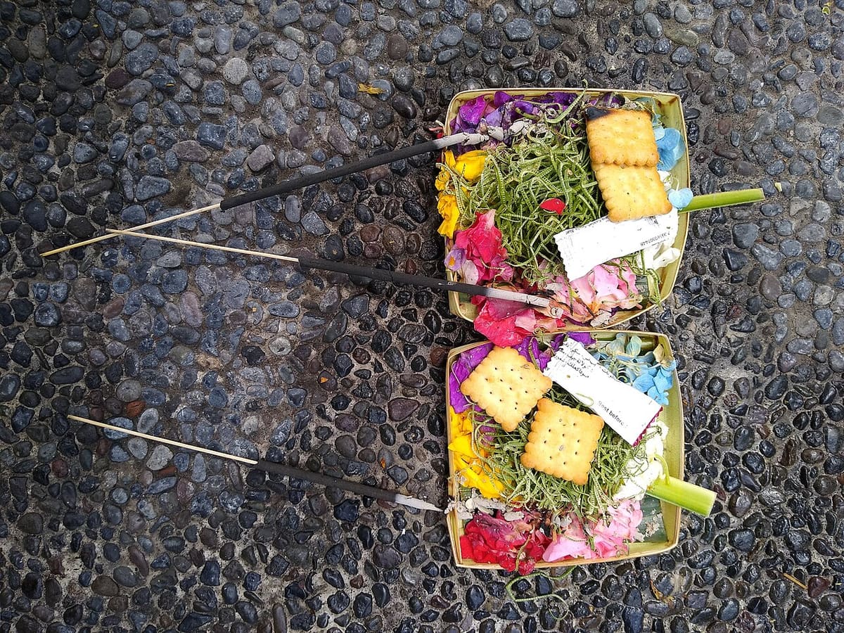 棕榈叶小篮里盛着鲜花的巴厘供品 canang sari